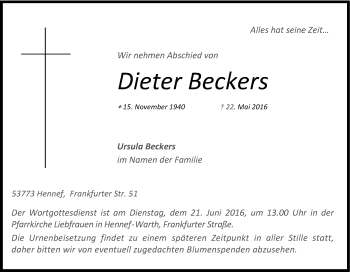 Anzeige von Dieter Beckers von Kölner Stadt-Anzeiger / Kölnische Rundschau / Express