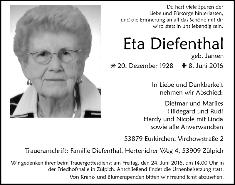  Traueranzeige für Eta Diefenthal vom 18.06.2016 aus  Blickpunkt Euskirchen 
