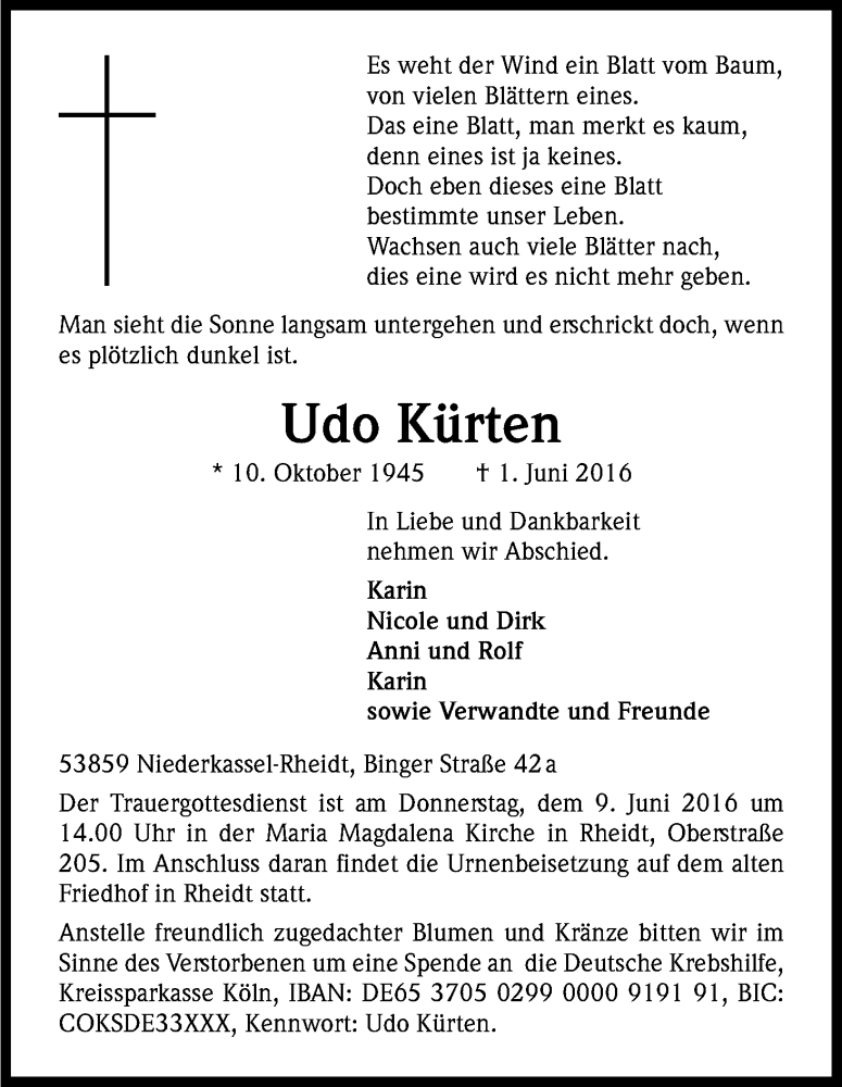 Traueranzeige für Udo Kürten vom 04.06.2016 aus Kölner Stadt-Anzeiger / Kölnische Rundschau / Express