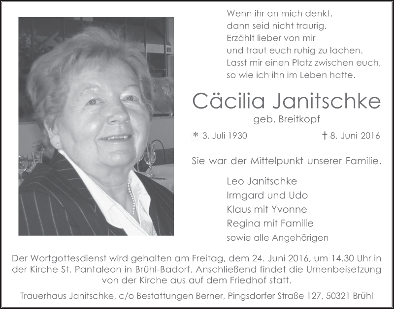  Traueranzeige für Cäcilia Janitschke vom 22.06.2016 aus  Schlossbote/Werbekurier 
