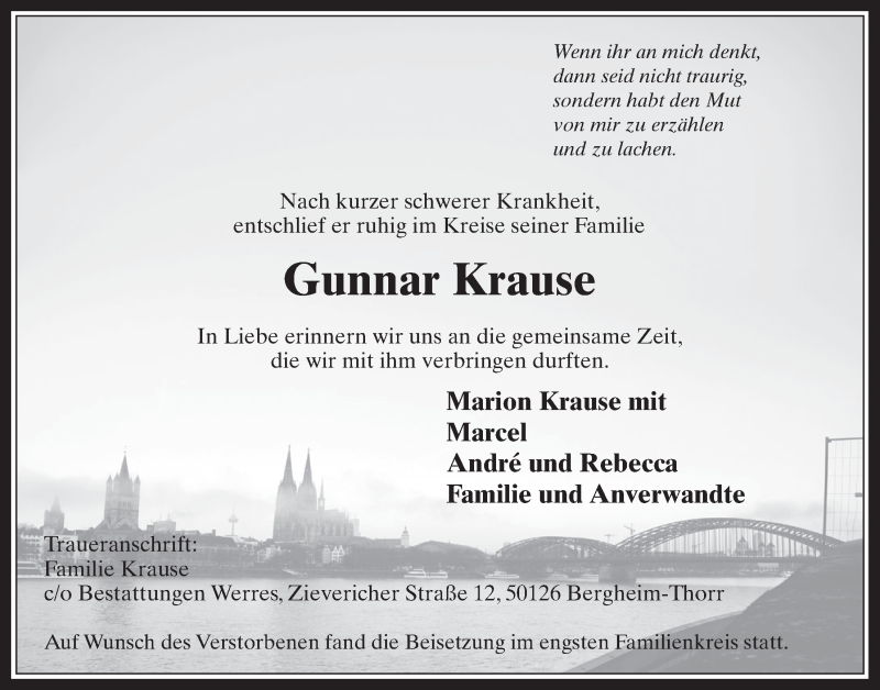  Traueranzeige für Gunnar Krause vom 15.06.2016 aus  Werbepost 