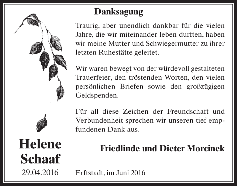  Traueranzeige für Helene Schaaf vom 22.06.2016 aus  Werbepost 