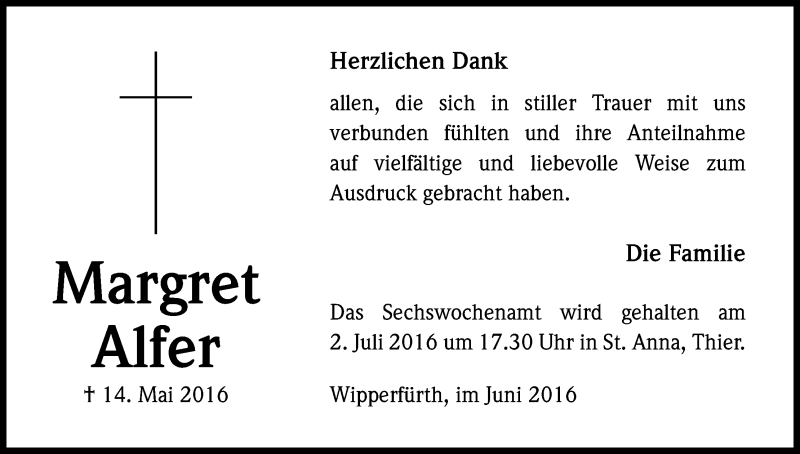  Traueranzeige für Margret Alfer vom 29.06.2016 aus Kölner Stadt-Anzeiger / Kölnische Rundschau / Express