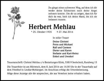 Anzeige von Herbert Mehlau von Kölner Stadt-Anzeiger / Kölnische Rundschau / Express