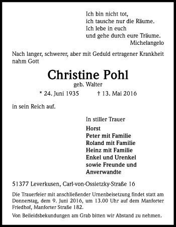Anzeige von Christine Pohl von Kölner Stadt-Anzeiger / Kölnische Rundschau / Express