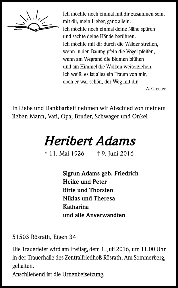  Traueranzeige für Heribert Adams vom 25.06.2016 aus Kölner Stadt-Anzeiger / Kölnische Rundschau / Express