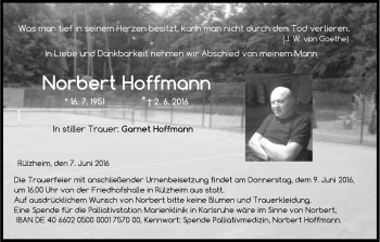 Anzeige von Norbert Hoffmann von Kölner Stadt-Anzeiger / Kölnische Rundschau / Express