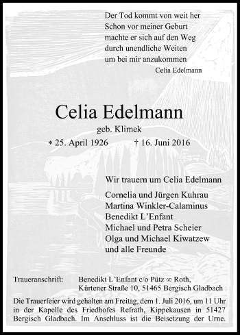 Anzeige von Celia Edelmann von Kölner Stadt-Anzeiger / Kölnische Rundschau / Express