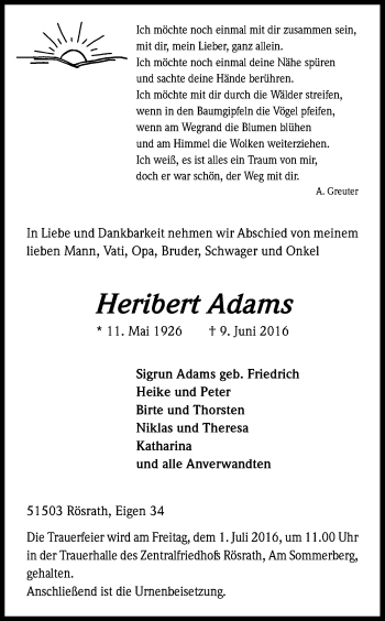 Anzeige von Heribert Adams von Kölner Stadt-Anzeiger / Kölnische Rundschau / Express