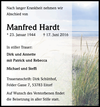 Anzeige von Manfred Hardt von Kölner Stadt-Anzeiger / Kölnische Rundschau / Express