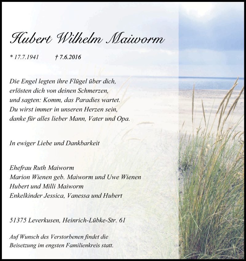  Traueranzeige für Hubert Wilhelm Maiworm vom 18.06.2016 aus Kölner Stadt-Anzeiger / Kölnische Rundschau / Express