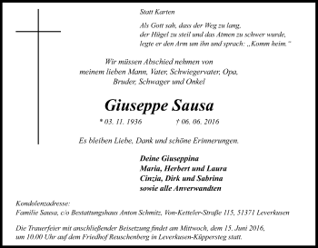 Anzeige von Giuseppe Sausa von Kölner Stadt-Anzeiger / Kölnische Rundschau / Express