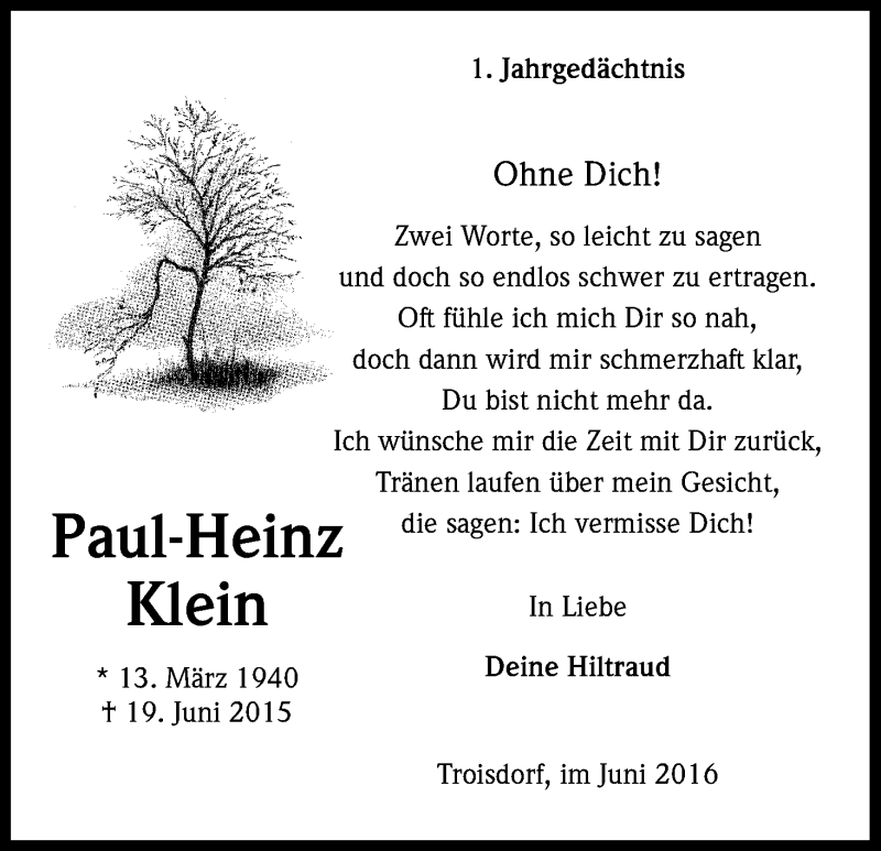  Traueranzeige für Paul-Heinz Klein vom 18.06.2016 aus Kölner Stadt-Anzeiger / Kölnische Rundschau / Express