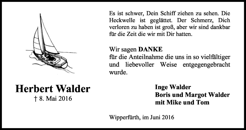  Traueranzeige für Herbert Walder vom 18.06.2016 aus Kölner Stadt-Anzeiger / Kölnische Rundschau / Express