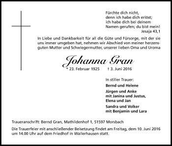 Anzeige von Johanna Gran von Kölner Stadt-Anzeiger / Kölnische Rundschau / Express