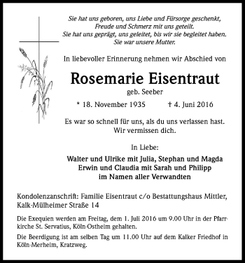 Anzeige von Rosemarie Eisentraut von Kölner Stadt-Anzeiger / Kölnische Rundschau / Express