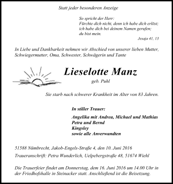 Anzeige von Lieselotte Manz von Kölner Stadt-Anzeiger / Kölnische Rundschau / Express