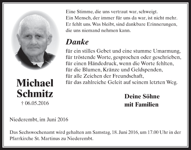  Traueranzeige für Michael Schmitz vom 15.06.2016 aus  Werbepost 