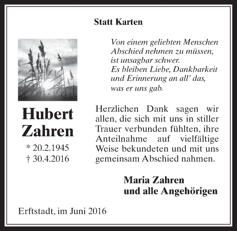  Traueranzeige für Hubert Zahren vom 22.06.2016 aus  Werbepost 