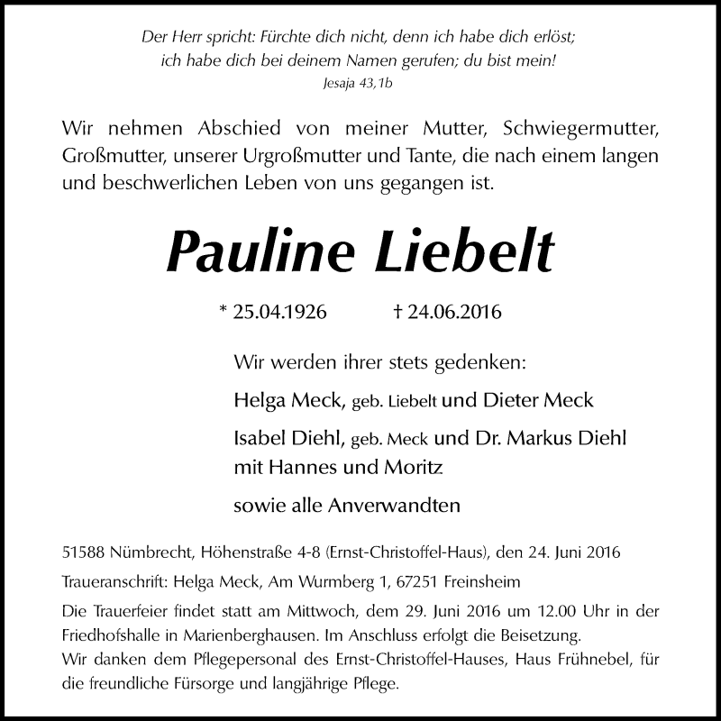  Traueranzeige für Pauline Liebelt vom 29.06.2016 aus  Lokalanzeiger 