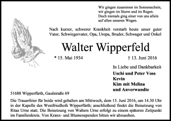 Anzeige von Walter Wipperfeld von Kölner Stadt-Anzeiger / Kölnische Rundschau / Express