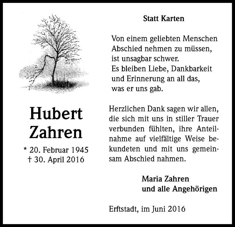  Traueranzeige für Hubert Zahren vom 18.06.2016 aus Kölner Stadt-Anzeiger / Kölnische Rundschau / Express