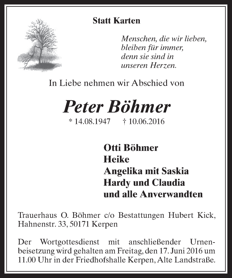  Traueranzeige für Peter Böhmer vom 15.06.2016 aus  Werbepost 