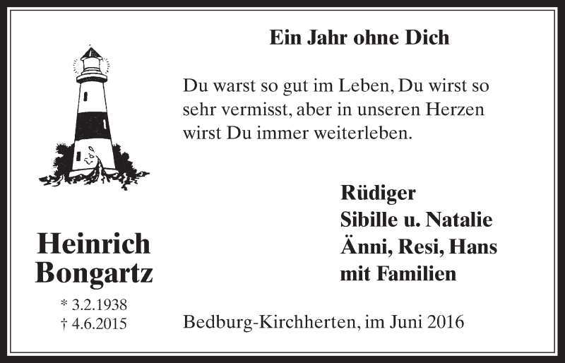  Traueranzeige für Heinrich Bongartz vom 04.06.2016 aus  Sonntags-Post 