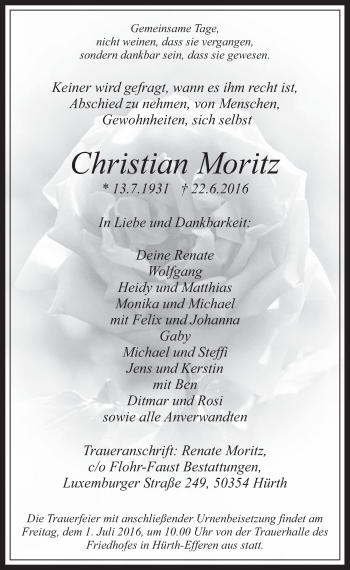 Anzeige von Christian Moritz von  Wochenende 
