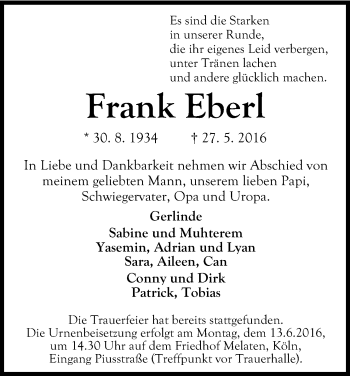 Anzeige von Frank Eberl von Kölner Stadt-Anzeiger / Kölnische Rundschau / Express