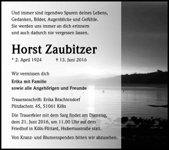 Anzeige von Horst Zaubitzer von Kölner Stadt-Anzeiger / Kölnische Rundschau / Express
