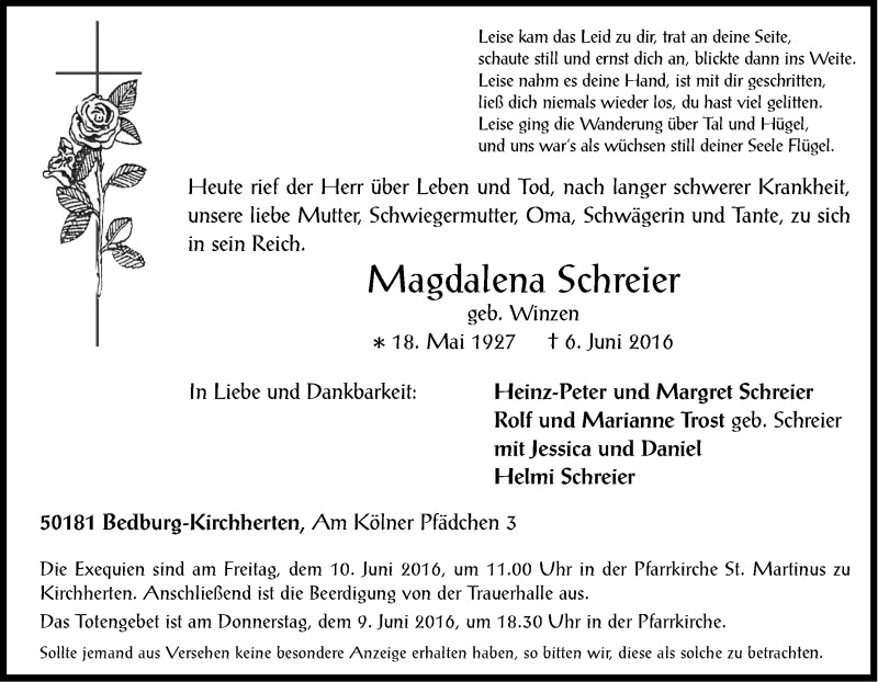  Traueranzeige für Magdalena Schreier vom 08.06.2016 aus Kölner Stadt-Anzeiger / Kölnische Rundschau / Express
