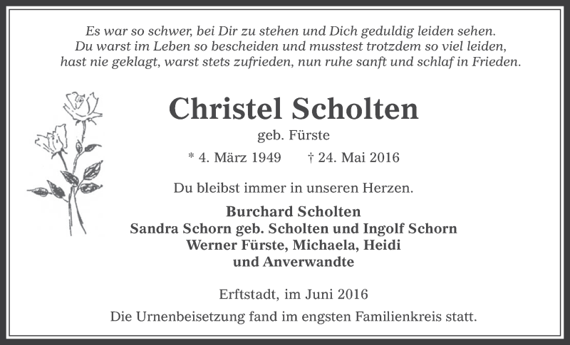  Traueranzeige für Christel Scholten vom 15.06.2016 aus  Werbepost 