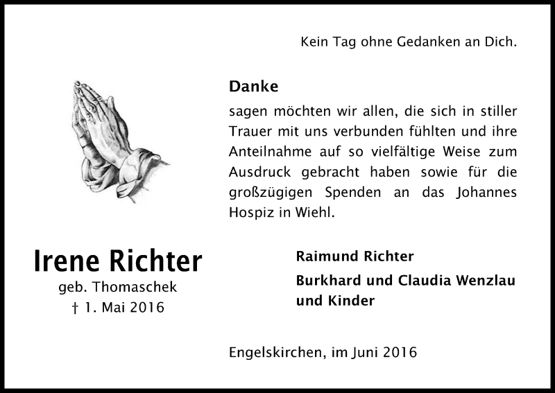  Traueranzeige für Irene Richter vom 04.06.2016 aus Kölner Stadt-Anzeiger / Kölnische Rundschau / Express