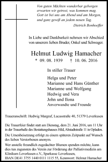 Anzeige von Helmut Ludwig Hamacher von Kölner Stadt-Anzeiger / Kölnische Rundschau / Express