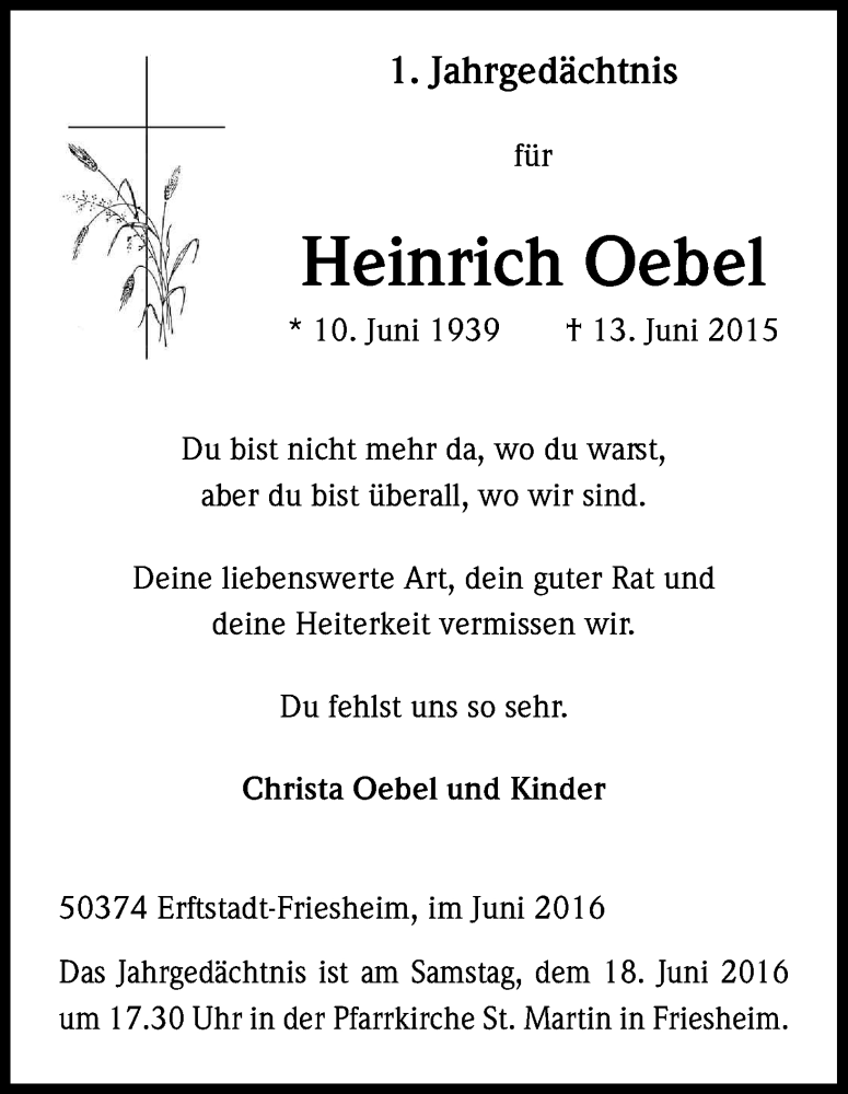  Traueranzeige für Heinrich Oebel vom 15.06.2016 aus Kölner Stadt-Anzeiger / Kölnische Rundschau / Express