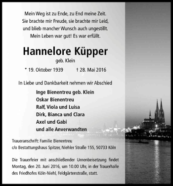 Anzeige von Hannelore Küpper von Köln - Wir Trauern