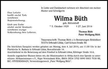 Anzeige von Wilma Büth von Kölner Stadt-Anzeiger / Kölnische Rundschau / Express