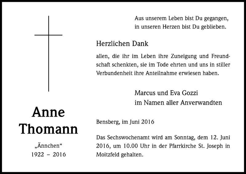  Traueranzeige für Anne Thomann vom 04.06.2016 aus Kölner Stadt-Anzeiger / Kölnische Rundschau / Express