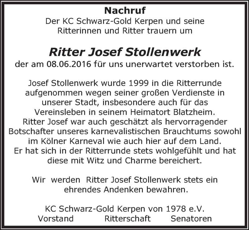  Traueranzeige für Josef Stollenwerk vom 22.06.2016 aus  Werbepost 