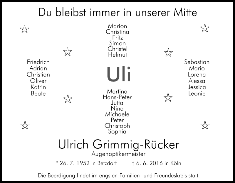  Traueranzeige für Ulrich Grimmig-Rücker vom 11.06.2016 aus Kölner Stadt-Anzeiger / Kölnische Rundschau / Express