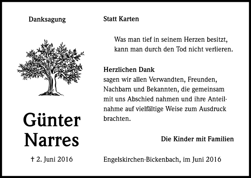  Traueranzeige für Günter Narres vom 18.06.2016 aus Kölner Stadt-Anzeiger / Kölnische Rundschau / Express