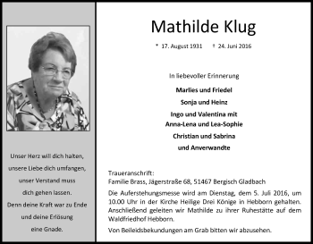 Anzeige von Mathilde Klug von Kölner Stadt-Anzeiger / Kölnische Rundschau / Express