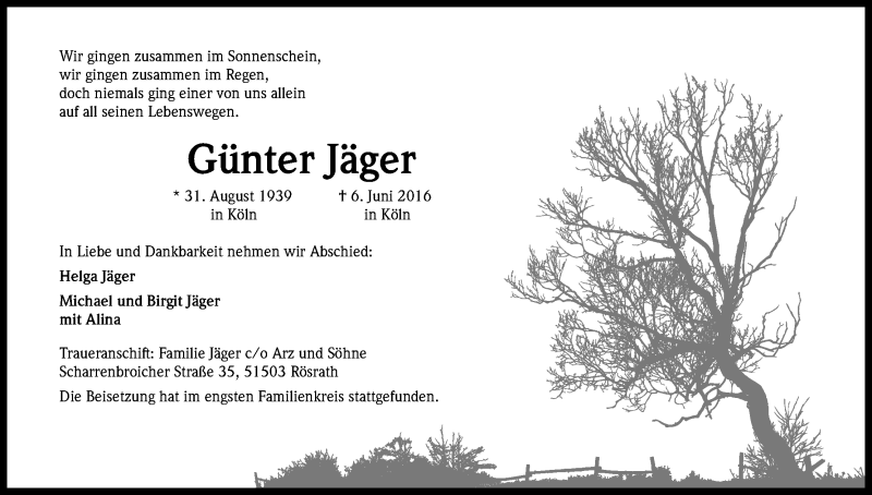  Traueranzeige für Günter Jäger vom 25.06.2016 aus Kölner Stadt-Anzeiger / Kölnische Rundschau / Express