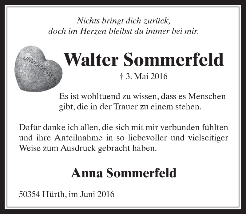  Traueranzeige für Walter Sommerfeld vom 22.06.2016 aus  Wochenende 