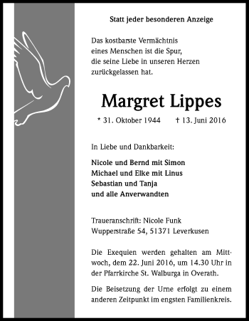 Anzeige von Margret Lippes von Kölner Stadt-Anzeiger / Kölnische Rundschau / Express