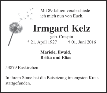 Anzeige von Irmgard Kelz von  Blickpunkt Euskirchen 