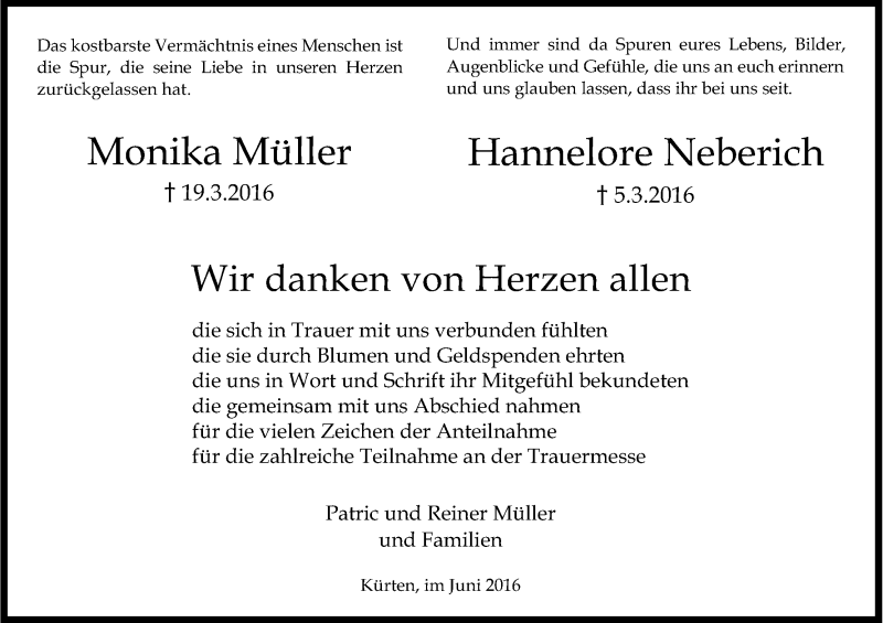  Traueranzeige für Hannelore Neberich vom 04.06.2016 aus Kölner Stadt-Anzeiger / Kölnische Rundschau / Express
