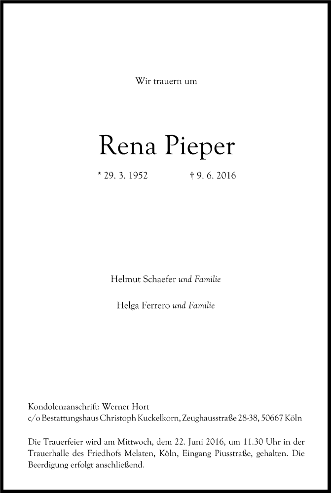  Traueranzeige für Rena Pieper vom 17.06.2016 aus Kölner Stadt-Anzeiger / Kölnische Rundschau / Express