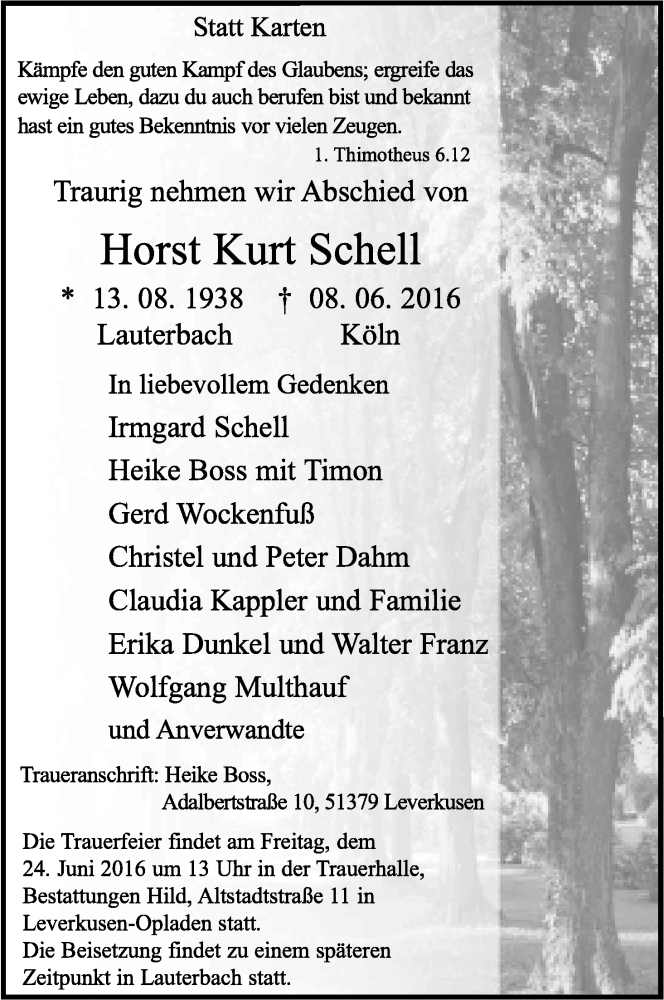  Traueranzeige für Horst Kurt Schell vom 18.06.2016 aus Kölner Stadt-Anzeiger / Kölnische Rundschau / Express